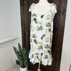 Blue island White yellow Green Mini Dress tie straps tassels L pineapple ruffle